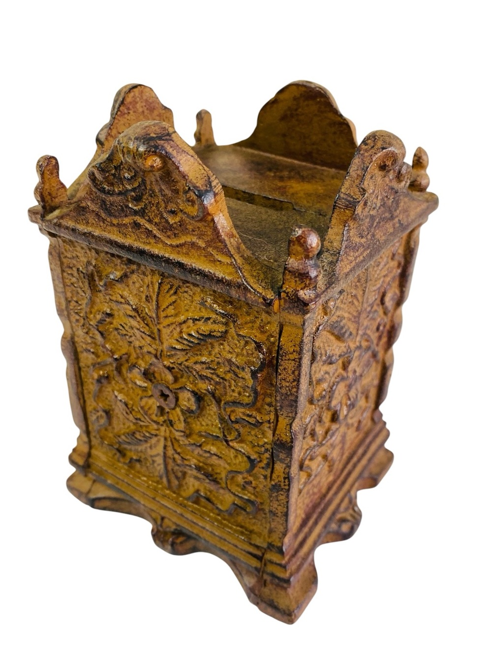 Cast Iron Vintage Embossed Floral Coin Bank 6.5”x3”